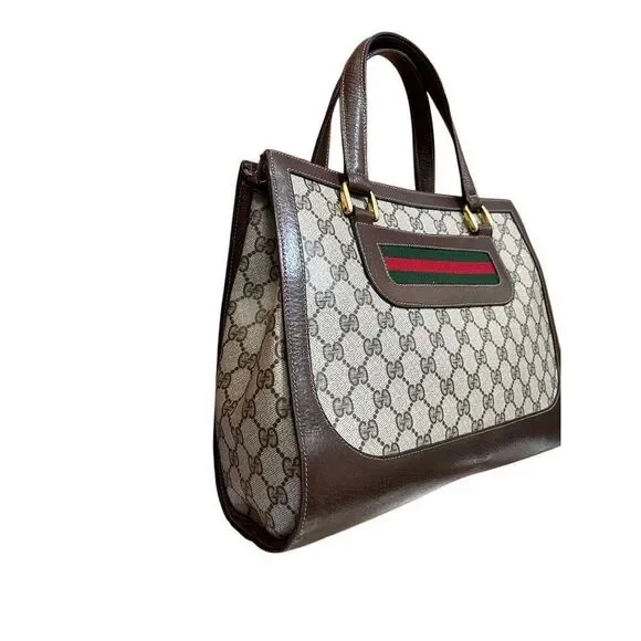 Vintage GUCCI Sherry Tote Wrist Handle Bag Purse GG Logo Brown Leather Authentic - Picture 5 of 16